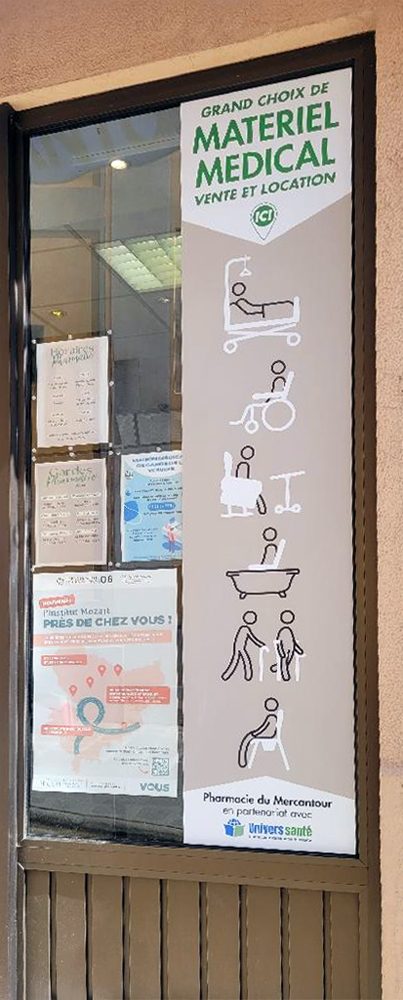 Collage vitrine devanture pharmacie icônes matériel médical vente et location.