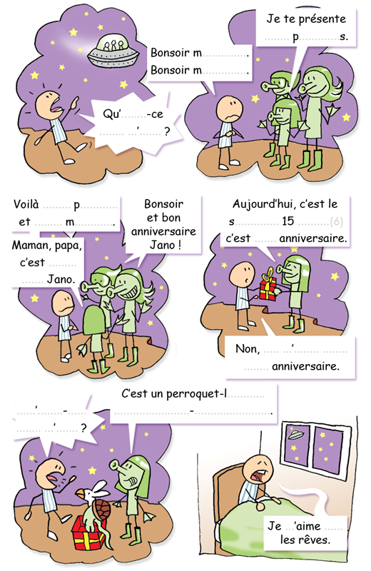 Exemple de page illustrée pour une activité ludique d'apprentissage de la langue française.